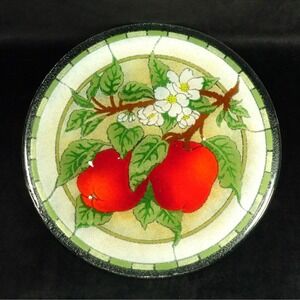 Vtg Peggy Karr APPLES 2000 Fused Glass 11" Plate 2 Apples on Branch w/ Blossoms